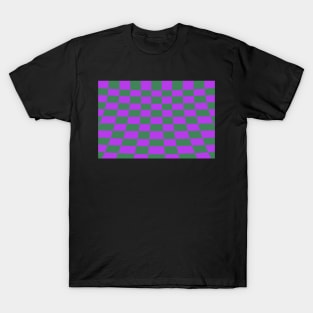 Warped perspective coloured checker board effect grid purple and green T-Shirt